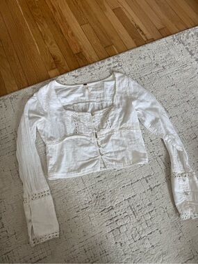 Free People White Linen Eyelet Long Sleeve Cropped Top Blouse